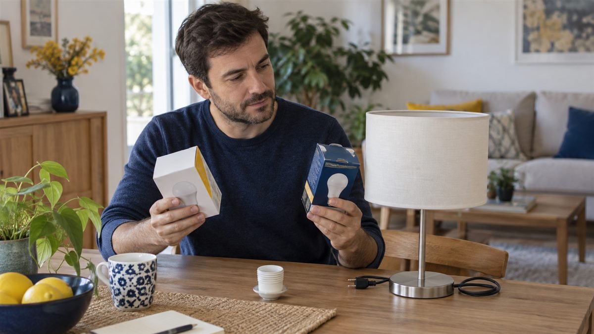 Persona comparando bombillas LED y sus características antes de elegir una