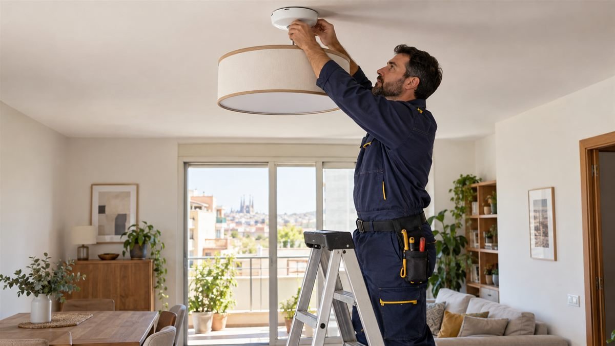 Profesional instalando una luminaria de techo en una vivienda